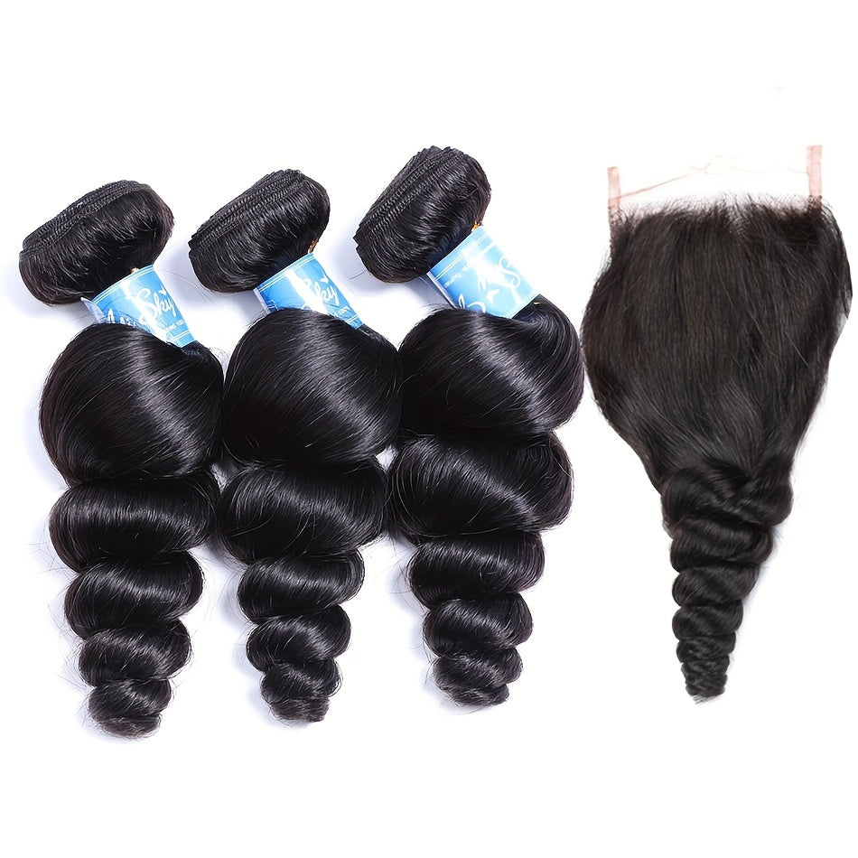 Loose Wave Human Hair Bundles With 4x4 Lace Closure 12A Peruvian Virgin 100% Unprocessed Loose Deep Wavy 4 Bundles 4x4 Lace Closure Natural Black Weave Extensions Transparent HD Ocean Wave